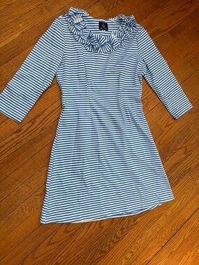 Blue and White Striped Ruffle-Neck Maxi Dress